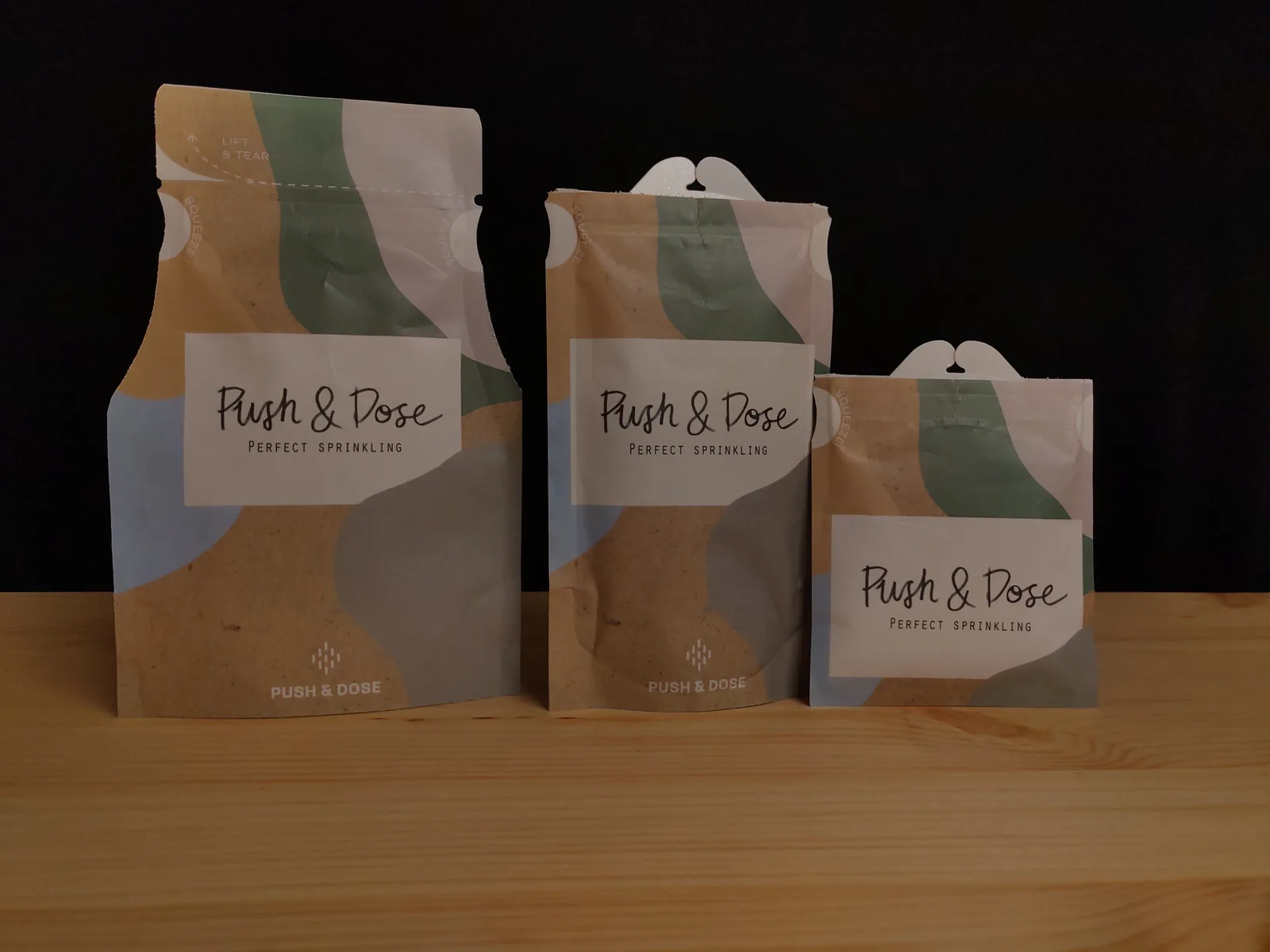 Three early Push&Dose pouches in different sizes