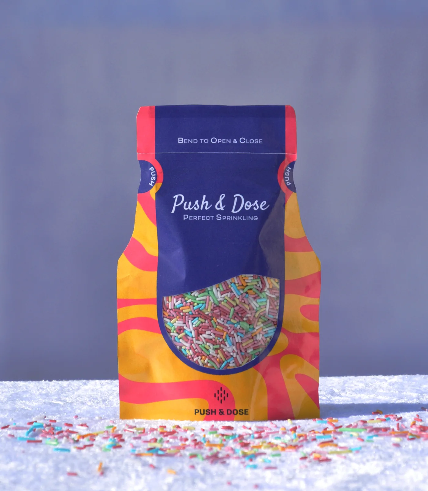 Colourful sprinkles pouch with Push&Dose top