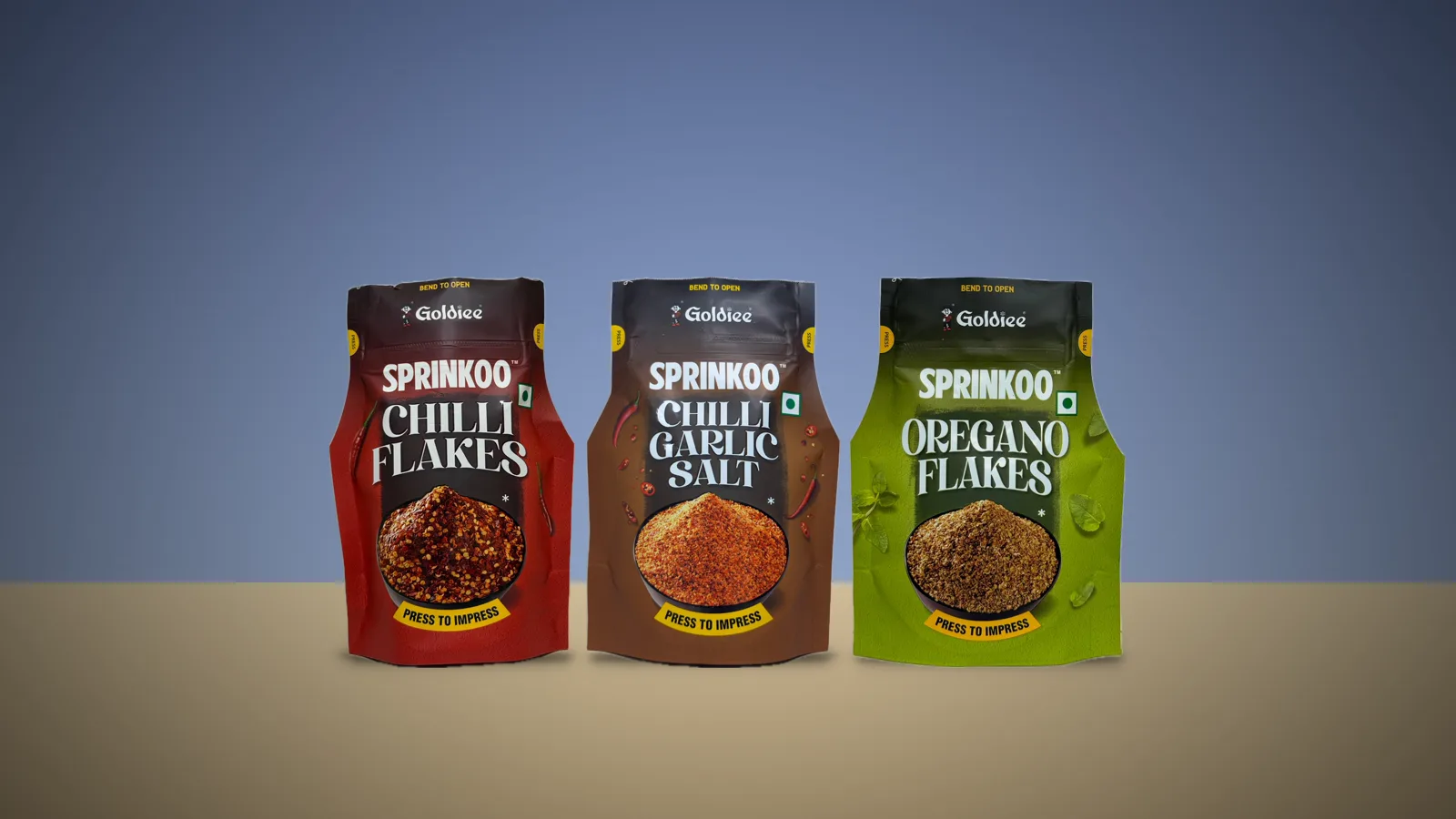 Sprinkoo Chilli Flakes, Chilli Garlic Salt and Oregano Flakes pouches by Goldiee Group with Push&Dose top